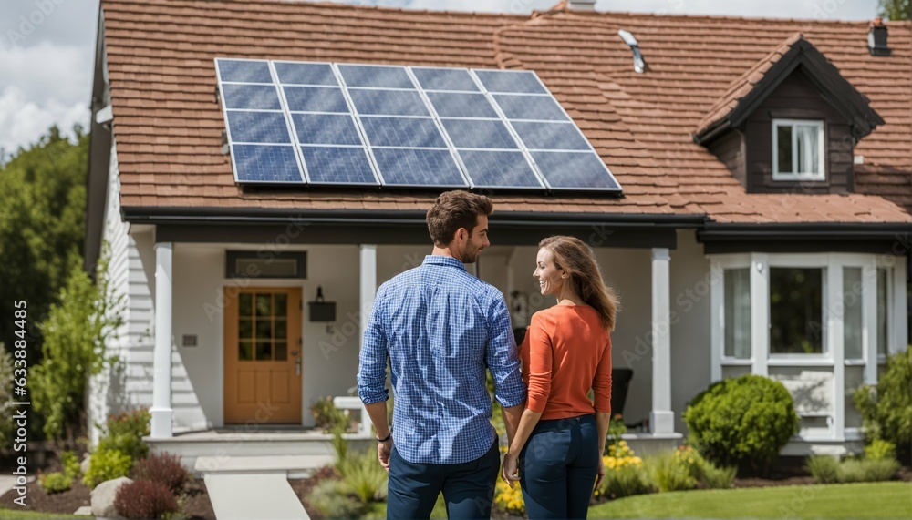 Smiling couple in front of their eco-friendly home with solar panels