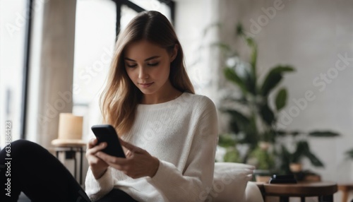 Young woman texting on smartphone at home. Connection, technology, apps, smartphone mock up, communication concept Free Download Young woman texting on smartphone at home. Connection, technology, apps, smartphone mock up, communication concept - GFXLoad