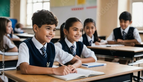 Smiling schoolboy and schoolgirl sitting in a classroom