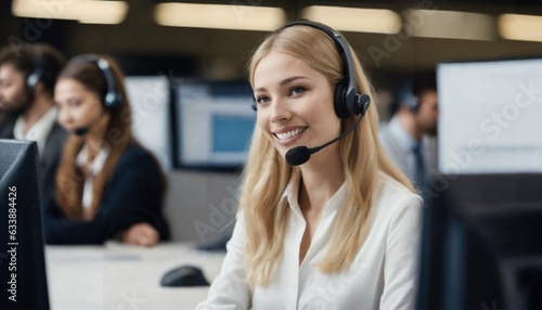 Happy young woman in call center with headset and CRM, providing customer service with a smile