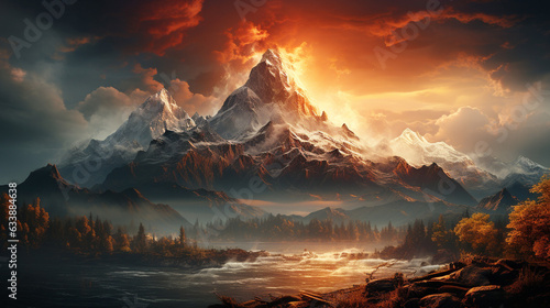 Burning mountain peak erupting with flame and smoke at dusk