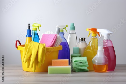 Bucket with cleaning products on the table on a gray background