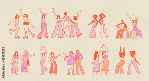 Groovy characters. Retro 70s, 80s, happy hippie, retro girls. Vintage hippie style. Groovy girls, characters, positivity, disco