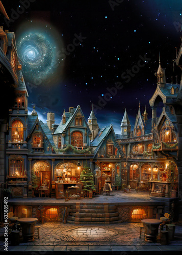 Christmas city with illuminated houses and starry sky with galaxy  fantasy background  wallpaper  generative ai