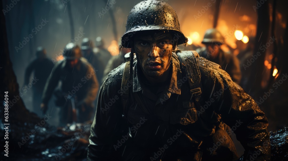 The Face of Courage: A Gritty Portrait of a Soldier During World War II in the Midst of a Battlefield - An Image Reflecting the Sweat, Blood, and Tears of Wartime Sacrifice.
The Face of Courage: A Gritty Portrait of a Soldier During World War II in the Midst of a Battlefield - An Image Reflecting the Sweat, Blood, and Tears of Wartime Sacrifice.