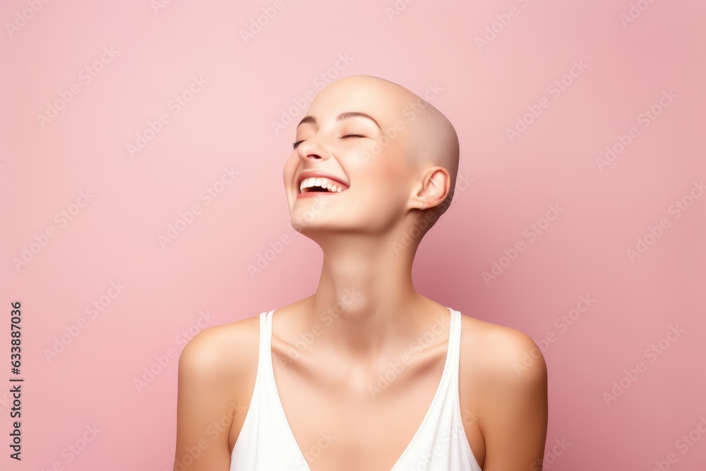 Radiant Resilience. A Happy Bald Woman, Isolated on a Pink Background, Demonstrates Courage, Resilience, and the Will to Overcome the Challenge of Cancer. Inspirational Triumph Radiant Resilience. A Happy Bald Woman, Isolated on a Pink Background, Demonstrates Courage, Resilience, and the Will to Overcome the Challenge of Cancer. Inspirational Triumph