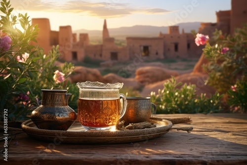 Moroccan Tranquility. At a Rustic Table with Blooming Mint Tea, Enjoy the Serenity of a Sunset with Old Houses in the Background. Traditional Refreshment AI Generative.

 photo