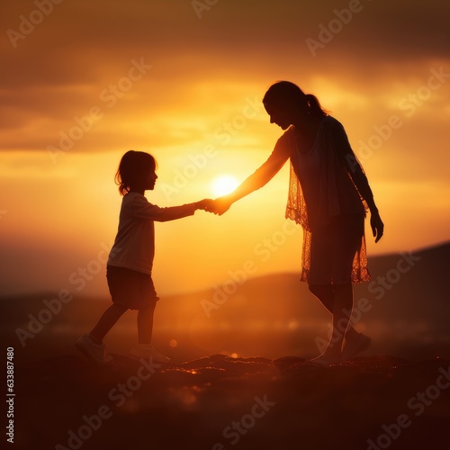 Heartfelt Bond: Mother and Child Holding Hands at Sunset