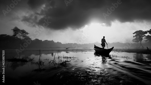 Fotografie, Obraz African native figure silhouette in the rowing-boat.