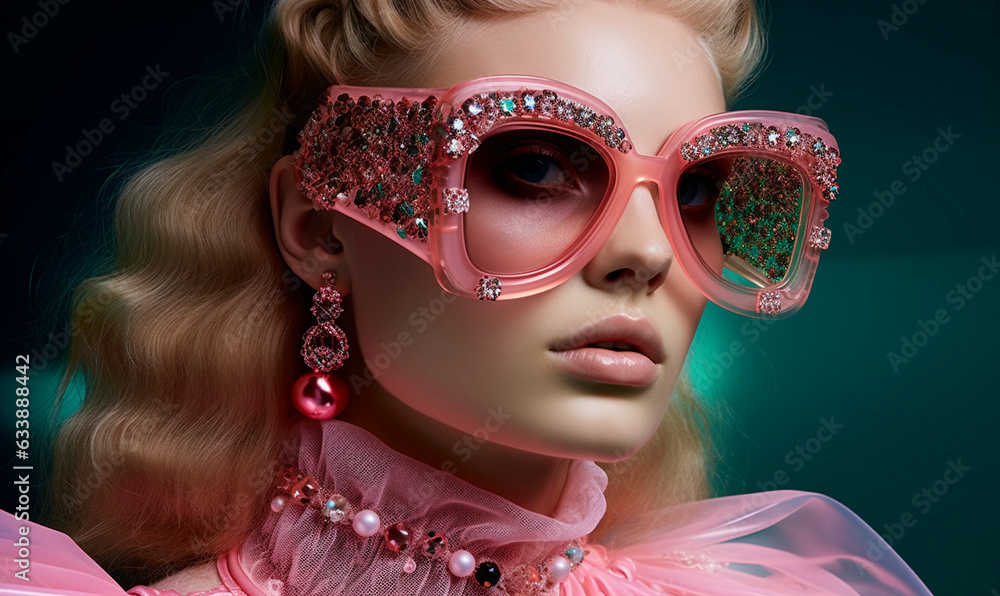 Obraz premium Fashion portrait of woman with mask sunglasses. Beauty close-up shot. Avantgarde retro vibe. Generative AI.