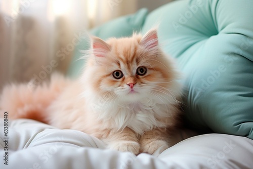 Cute fluffy red and white kitten lies on a sofa in a modern living room. Generative AI