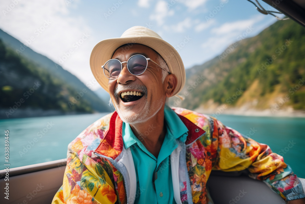 An aged asian senior is travelling happy with holiday clothing on a nature vibrant trip on vacation while retired