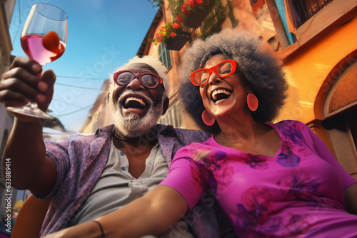 A retired mixed racial elder an his wife are travelling cheerful with a glass of wine in a vibrant city on vacation while retired