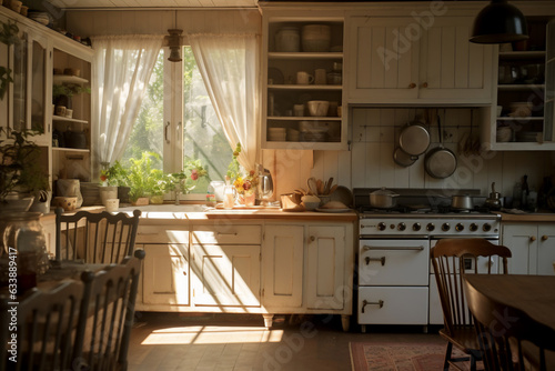 A vintage soft ashen kitchen is lit with sun beams coming in from the left without people present photo