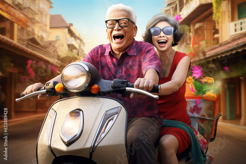 An aged asian elder an his wife are travelling cheerful with holiday clothing on a vibrant scooter on vacation while retired