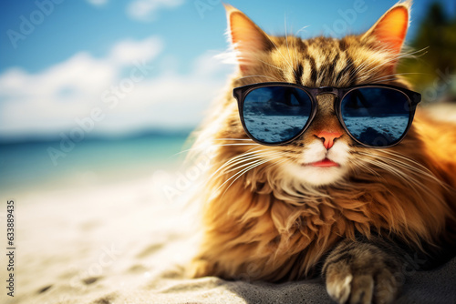 A holiday cool cat is smiling sunglasses on a beach ; a vacation background or banner