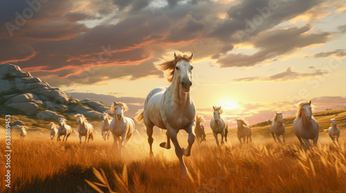 Wild White Mustang Horses Running Galloping Herd Beautiful Sunset Nature Field