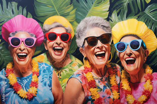 A holiday cool group of grannies are smiling sunglasses with a colorful  background ; a tropical background or banner