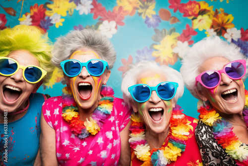 A holiday attractive group of grannies are smiling sunglasses with a colorful background ; a vacation background or banner
