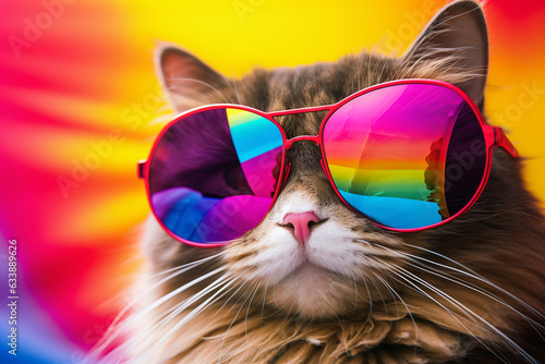 A holiday attractive cat is smiling sunglasses with a colorful background ; a vacation background or banner