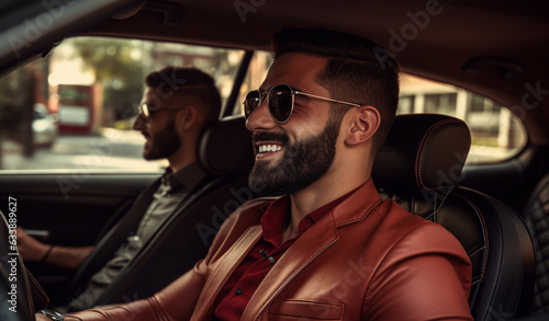 An adult latin business-man is driving cheerfully with a friend in a expensive modern car with a nature background