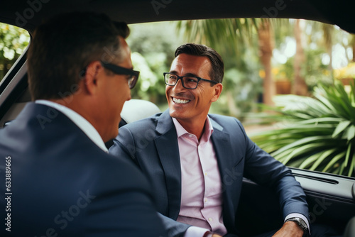 An adult latin business-man is driving cheerfully with a client in a expensive modern car with a nature background photo