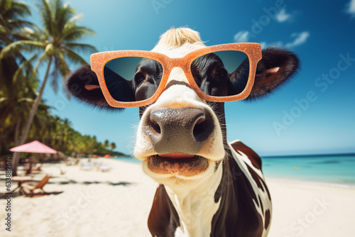 A holiday cool cow is smiling sunglasses on a beach ; a vacation background or banner