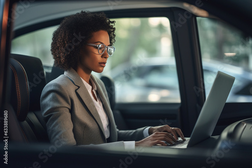An adult african american business-woman is working concentrated with computer without logo in the backseat of a expensive modern car while looking at the screen © pangamedia