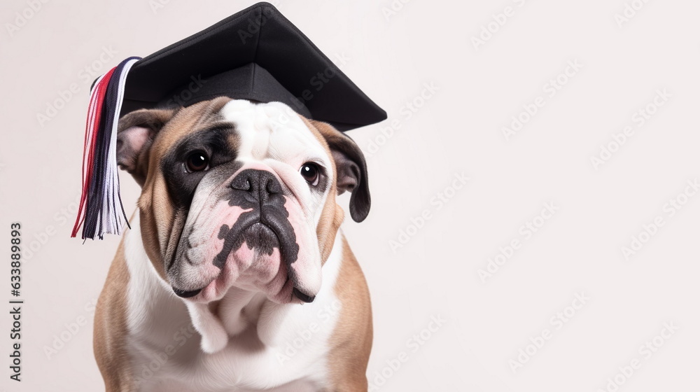 English bulldog dog in graduation cap isolated on white background. English education concept. Copy space.