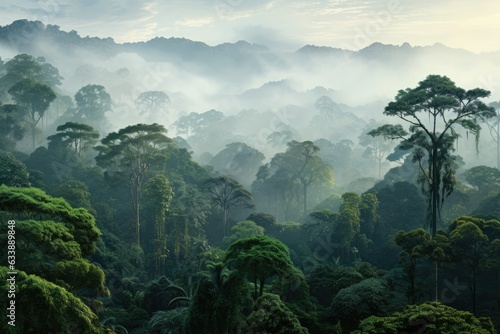 Aerial Symphony: Unveiling the Enchantment of Rainforests from Above, Focusing on the Canopy's Drama and the Presence of Kapok and Ceiba Trees Generative AI © furyon