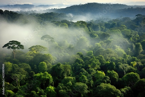 Canopy Chronicles: Aerial Perspectives Showcasing Rainforests' Majestic Beauty, Highlighting the Towering Presence of Kapok and Ceiba Trees Generative AI © furyon