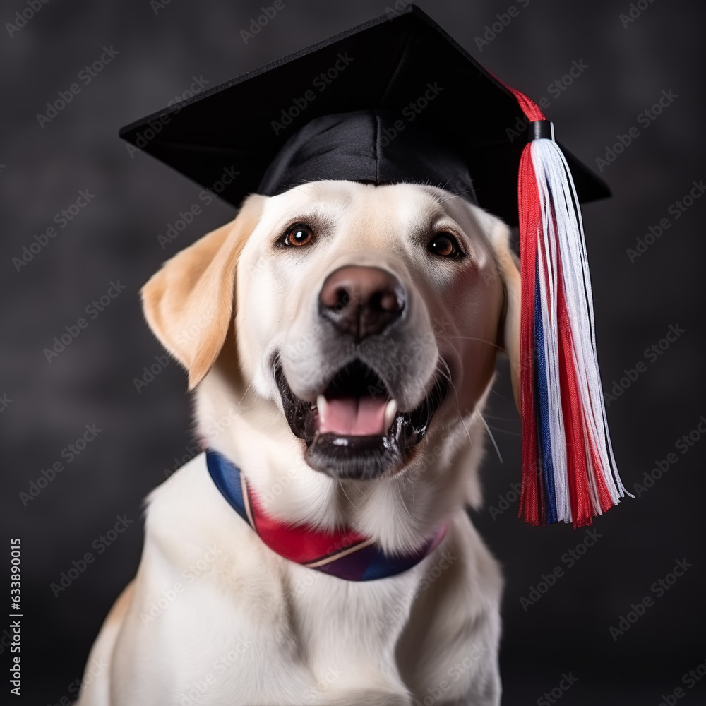 Labrador retriever dog in graduation cap isolated on black background
