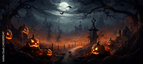 Spooky Night, Halloween Banner with Pumpkins, Bats, and Haunted House