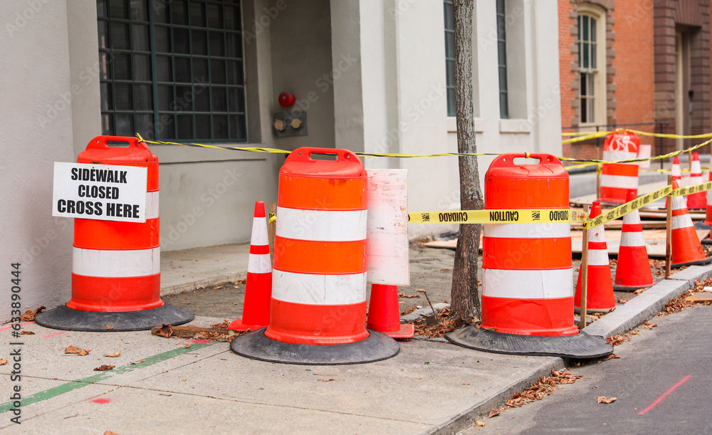 construction cones line streets, embodying urban evolution, progress