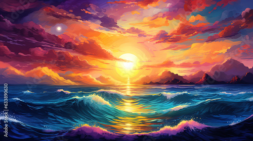 Sunset over sea art illustration, beautiful pastel colors painting photo