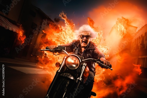 Senior old lady riding motorcycle on fire in the style of rocker adventurer