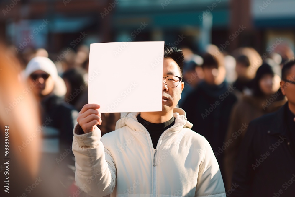 Asian man holding banner in blank for copy space during protest in the street. Human rights and Xenophobia concept Asian man holding banner in blank for copy space during protest in the street. Human rights and Xenophobia concept