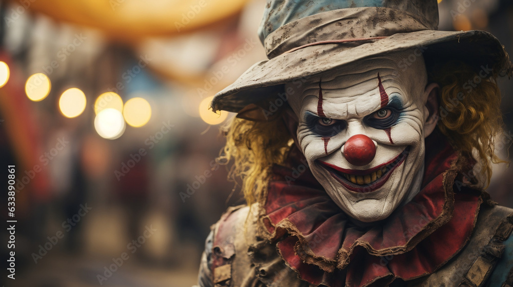 Terrifying clown portrait with eerie vintage circus background