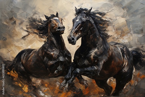 Wild black horses in the style of classic oil painting