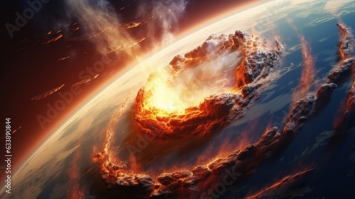 Fall of an asteroid or meteorite comet onto the planet. view from space. Meteorite burning in atmosphere. photo