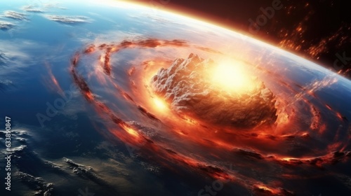 Fall of an asteroid or meteorite comet onto the planet. view from space. Meteorite burning in atmosphere.