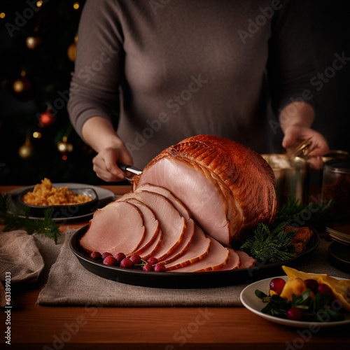 Woman in festive setting with ham 