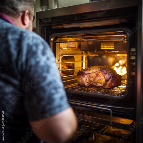 Chef in professional kitchen cooking meat 
