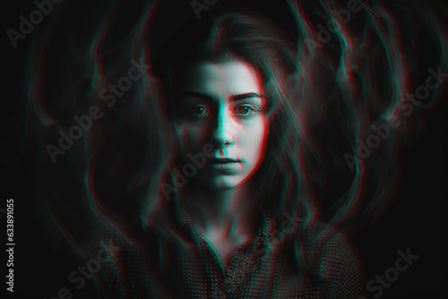 woman with mental disorders and paranoia in depression and stress. Black and white with 3D glitch virtual reality effect. Generative AI