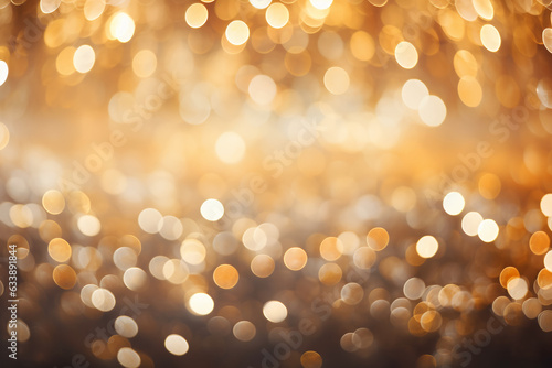 Background of abstract defocused rich gold glitter lights on with bokeh. Christmas or New Year. Generative AI
