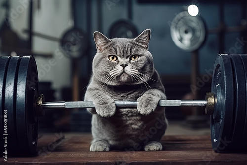 funny cat athlete lifts a barbell in gym during sports training. Generative AI illustration