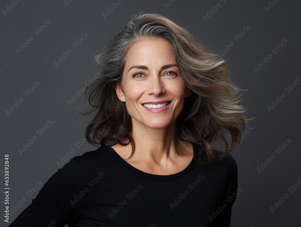 Beautiful smiling woman aged 50 model with natural makeup clean face beige warm background, isolated, anti aging care, natural beauty concept, cosmetology and wellness concept, png Beautiful smiling woman aged 50 model with natural makeup clean face beige warm background, isolated, anti aging care, natural beauty concept, cosmetology and wellness concept, png