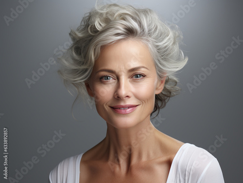 Beautiful smiling woman aged 50 model with natural makeup clean face beige warm background, isolated, anti aging care, natural beauty concept, cosmetology and wellness concept, png