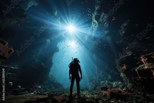 Secrets of the Abyss: Silhouetted Scuba Diver Immersed in Coral Reefs and Oceanic Creatures, Observed from an Enigmatic Perspective Generative AI 