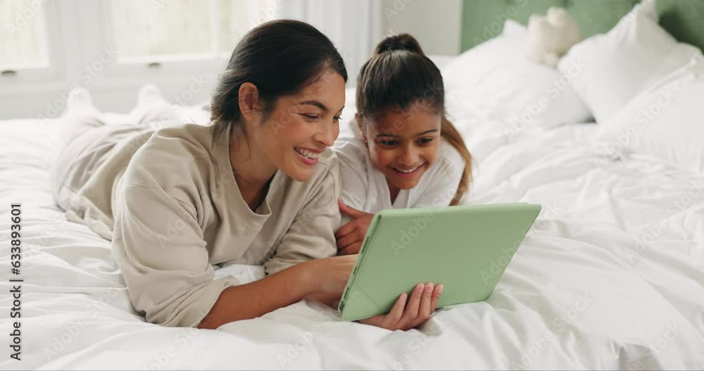 Family, bed and tablet in a home with digital education and game with website streaming. House, bedroom and mother with young girl relax together with learning and child smile on a app with tech Family, bed and tablet in a home with digital education and game with website streaming. House, bedroom and mother with young girl relax together with learning and child smile on a app with tech